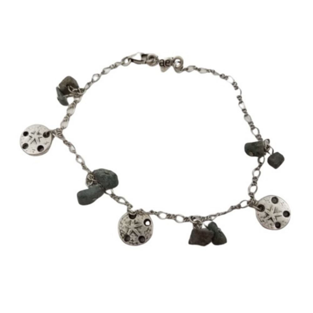 American Eagle Bracelet Sand Dollar Gray Rock Chain Charm Silver Tone Beach